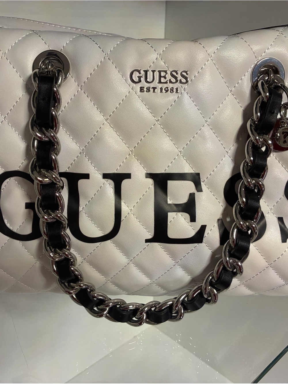GUESS White Quilted Tote with Black Chain-Linked Handles